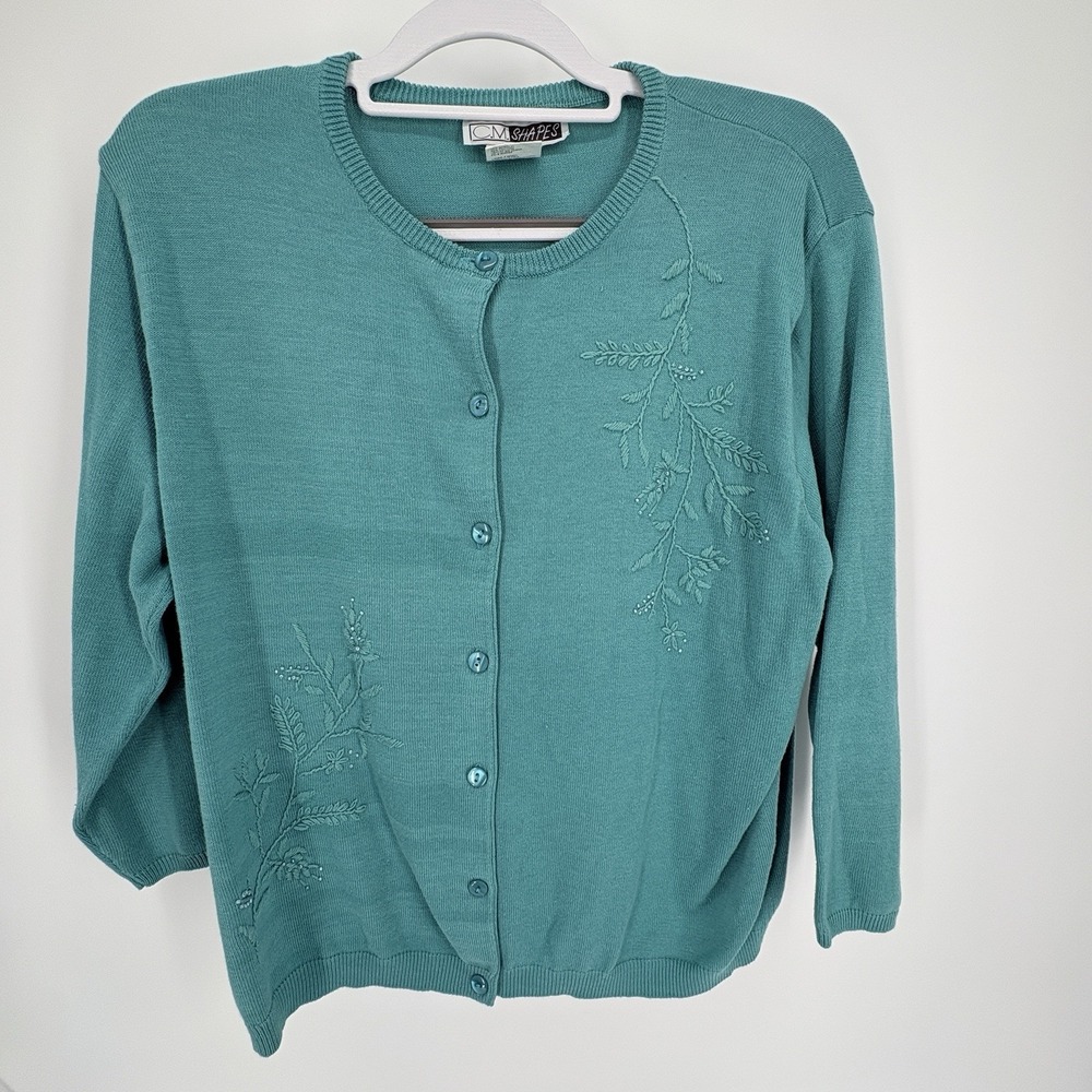 Vintage C.M. Shapes Cardigan‎ Sweater 1X Aqua Embroidered Embellished
